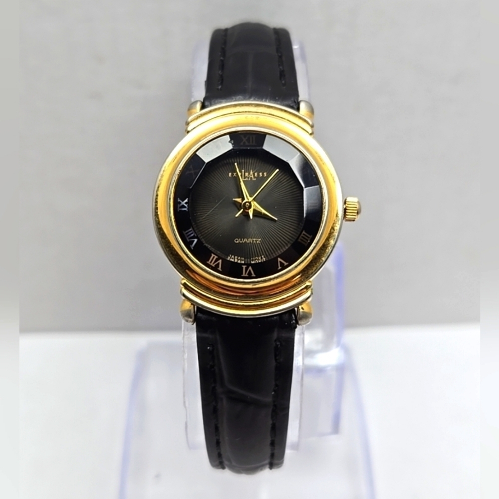 Womens Vintage LA Express LAX572 Watch Faceted Crystal Gold Leather New Battery